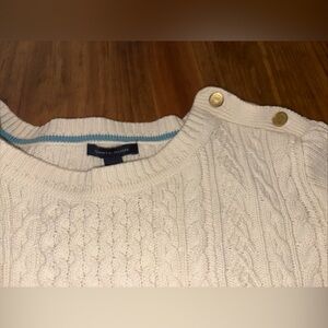 Tommy Hilfiger Cream Cable-Knit Crew Sweater with Blue Trim